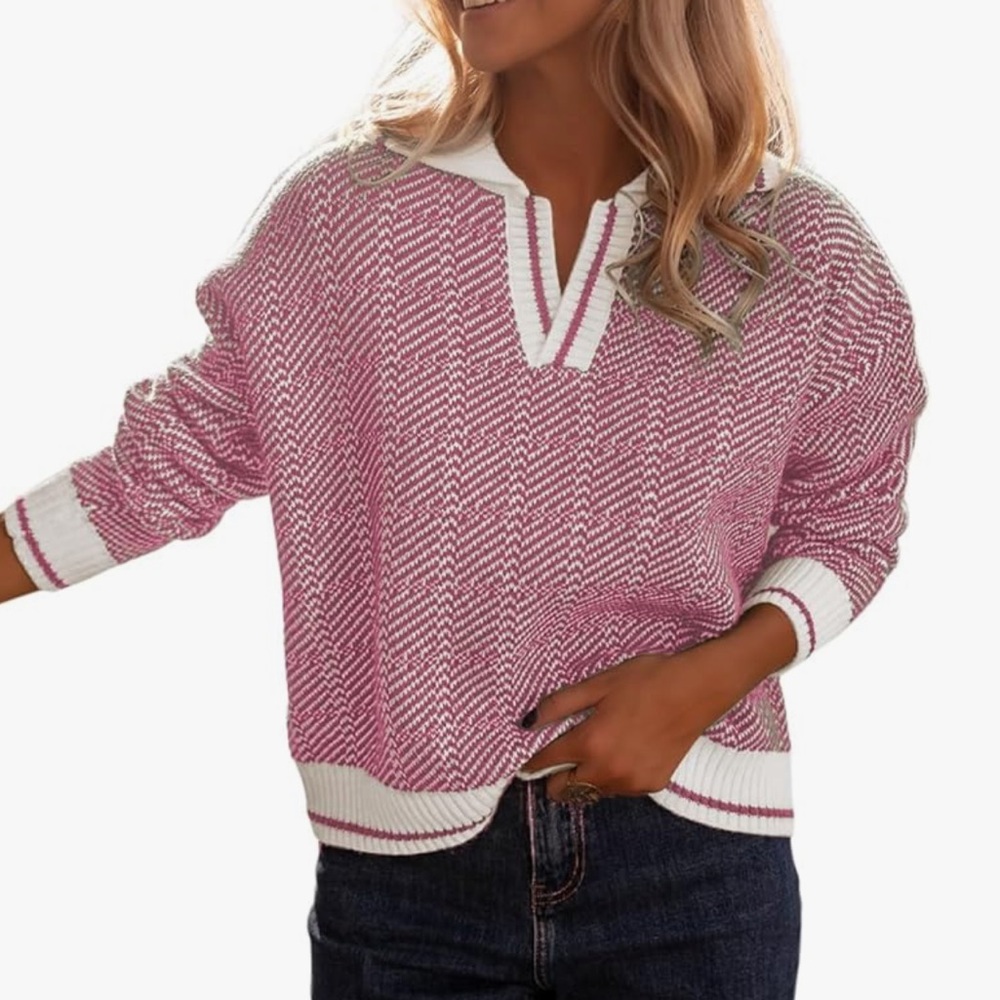 Women’s Lapel V Neck Color Block Stripes Sweaters Drop Shoulder Long Sleeve